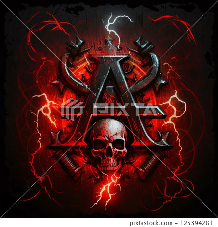 Skull with Crossed Trident, Crossed Swords and Anchors on Grunge Background letter A 125394281