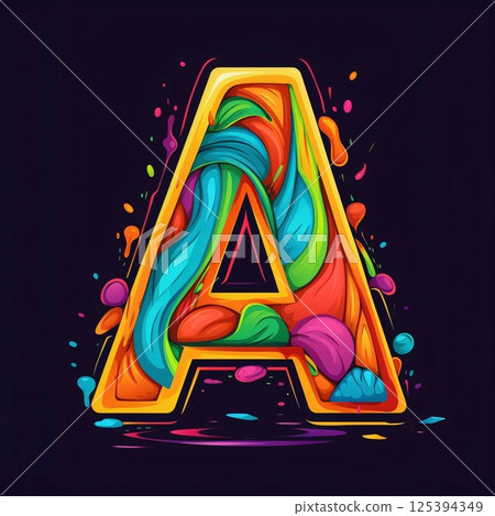 A letter logo with colorful paint splashes and drops, letter A A letter logo with colorful paint splashes and drops, letter A 125394349