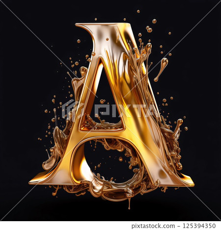 A letter in a splash of gold. 3d rendering, 3d illustration. 125394350