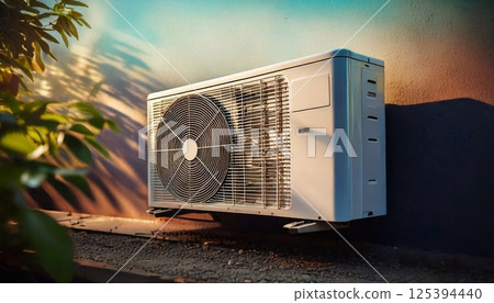 High-efficiency air conditioner installed on an outdoor wall in a residential area 125394440