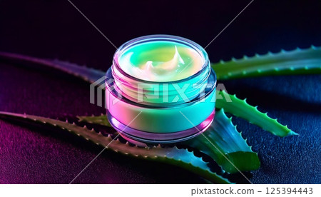 Creamy aloe product displayed on aloe leaves with bright neon lighting effects 125394443