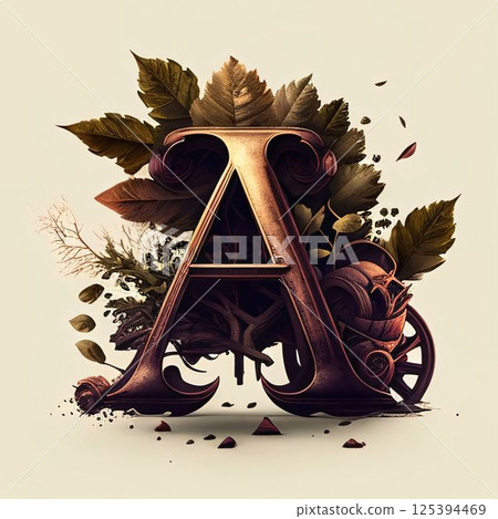 letter A with autumn leaves. 3d illustration. Vintage style. 125394469