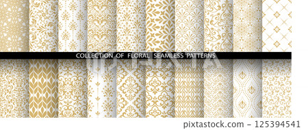 Geometric floral set of seamless patterns. White and golden vector backgrounds. Damask graphic ornaments 125394541