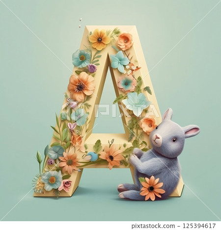 Letter A decorated with flowers and cute rabbit. 3d rendering. 125394617