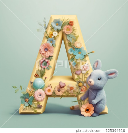 Letter A decorated with flowers and a rabbit. 3d rendering. 125394618