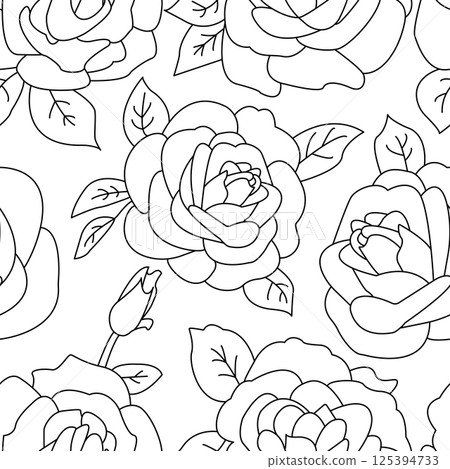 A seamless pattern with roses. Outline roses background. Black and white rose flowers seamless pattern. Floral line illustration. A seamless pattern with roses. Outline roses background. Black and white rose flowers seamless pattern. Floral line illustration. 125394733