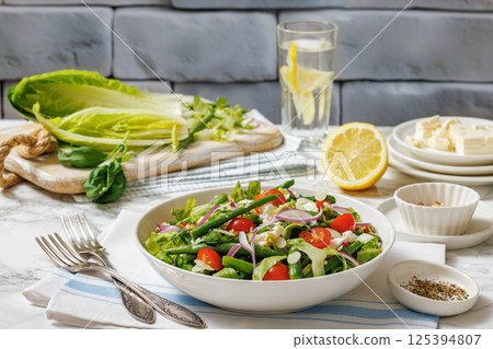 Green Bean Tomato Romaine lettuce Cheese Salad Green Bean Tomato Romaine lettuce Cheese Salad 125394807