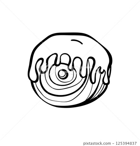 Unique round croissant with decorative icing. Hand-drawn doodle with bold lines. Perfect for modern pastry branding and menu illustration. 125394837