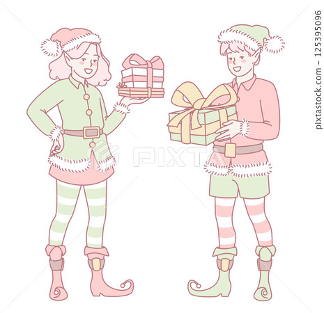 Delightful and Festive Elves Bringing Joy with Colorful Presents Holiday Cheer is Here 125395096