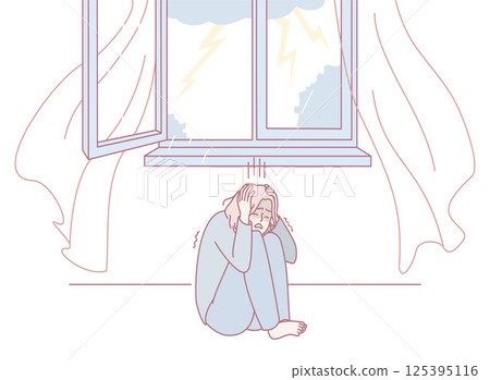 This is an illustration depicting a person who is feeling anxious and fearful during a storm 125395116