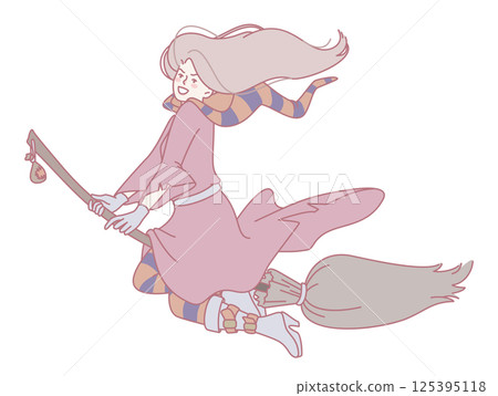 Enchanted Witch Soaring Through the Sky on Her Mystical Broomstick in a Dreamy Scene 125395118