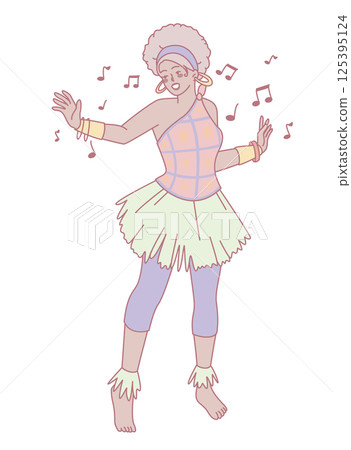 A Joyful Dancer in a Colorful Retro Outfit, Surrounded by Music Notes and Energy 125395124