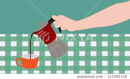 Pouring coffee. A hand holding a coffee pot and pouring coffee into a mug. A colorful coffee cooking illustration. A table with a coffee mug. Coffee for breakfast. 125395130