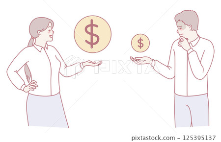 Two individuals engage in a detailed financial discussion on finance and wealth management 125395137