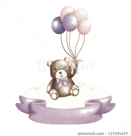 pink teddy bear with pink ribbon, cute baby shower clipart. 125395247