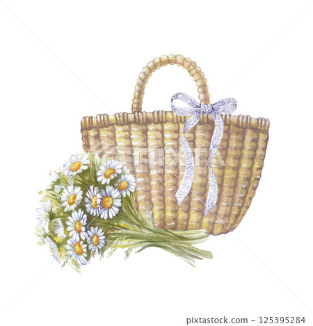 Watercolor composition with a basket and a bouquet of daisies, hand-drawn. Lace ribbon on the basket handle. Summer illustration. Picnic. Isolated. For the design of postcards, packaging, invitations. Watercolor composition with a basket and a bouquet of daisies, hand-drawn. Lace ribbon on the basket handle. Summer illustration. Picnic. Isolated. For the design of postcards, packaging, invitations. 125395284