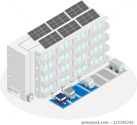 Image of an apartment building with isometric solar panels, storage batteries and electric vehicle charging facilities 125395285