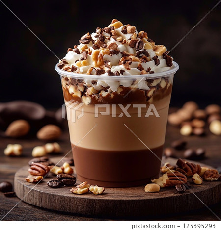 Appetizing Nutella milkshake in a clear plastic cup, decorated with a swirl of whipped cream, chopped nuts, and chocolate chips. Nuts and coffee beans are scattered around. Generative AI 125395293