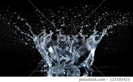A background that can be used to express carbonated drinks and coldness. A high-definition splash photo on a black background capturing the moment when water droplets splash. A background that can be used to express carbonated drinks and coldness. A high-definition splash photo on a black background capturing the moment when water droplets splash. 125395425