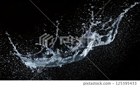 A background that can be used to express carbonated drinks and coldness. A high-definition splash photo on a black background capturing the moment when water droplets splash. 125395433