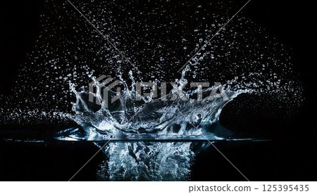 A background that can be used to express carbonated drinks and coldness. A high-definition splash photo on a black background capturing the moment when water droplets splash. 125395435