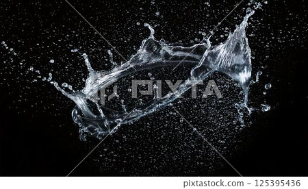 A background that can be used to express carbonated drinks and coldness. A high-definition splash photo on a black background capturing the moment when water droplets splash. 125395436