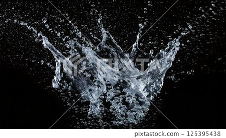 A background that can be used to express carbonated drinks and coldness. A high-definition splash photo on a black background capturing the moment when water droplets splash. 125395438