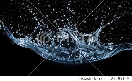 A background that can be used to express carbonated drinks and coldness. A high-definition splash photo on a black background capturing the moment when water droplets splash. A background that can be used to express carbonated drinks and coldness. A high-definition splash photo on a black background capturing the moment when water droplets splash. 125395459
