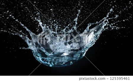 A background that can be used to express carbonated drinks and coldness. A high-definition splash photo on a black background capturing the moment when water droplets splash. 125395461