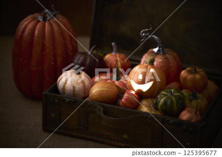Pumpkins stuffed into an old trunk - Halloween image Pumpkins stuffed into an old trunk - Halloween image 125395677