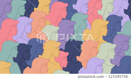 Women silhouettes in different colors. Rainbow color women row. Women diversity and confidence concept. Women background. Women's power. 125395756