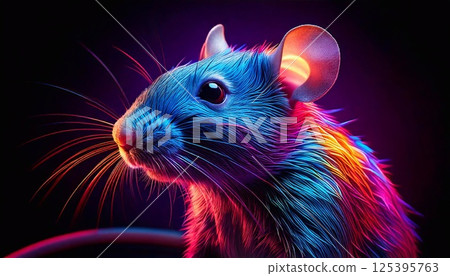 Vibrant neon rat glows against a dark background in an artistic display Vibrant neon rat glows against a dark background in an artistic display 125395763