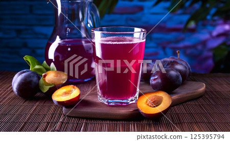 Beautiful plum juice served in a glass with fresh plums nearby in a vibrant setting 125395794