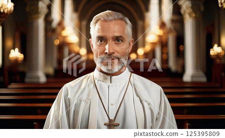 Portrait of a priest smiling in a historic church during a service Portrait of a priest smiling in a historic church during a service 125395809