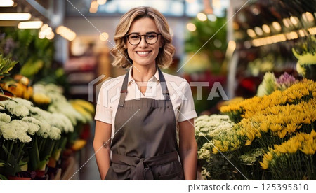 Portrait of a smiling salesperson in a vibrant flower shop during daytime 125395810