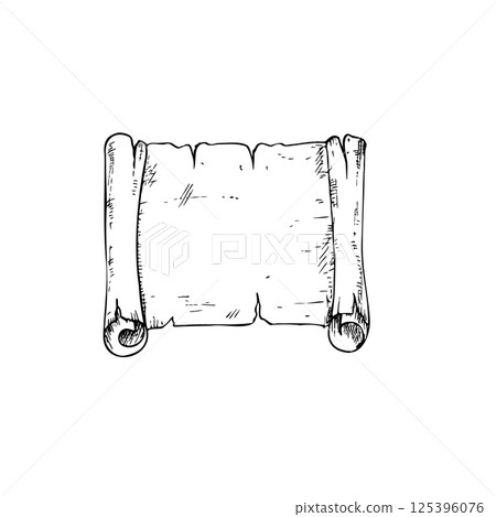 Vector old scroll paper. Hand painted linear parchment illustration. Graphic monochrome sketch isolated on background. For designers, prints, logo, icon, menu, postcards, holiday, covers 125396076