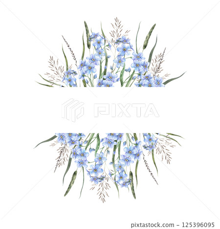 Green grass, dried wild flowers and blue beautiful forget-me-nots. Elegant botanical frame on a spring theme with space for text. For branding and packaging, flower shops and weddings, eco-products. 125396095