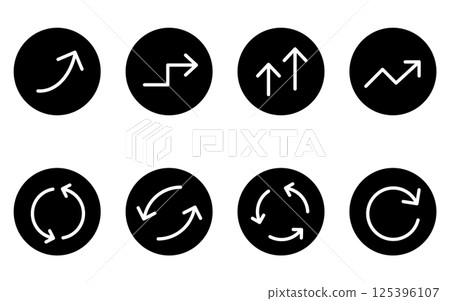 一組可愛的簡單箭頭圖標，黑白、增長和重複（圓形按鈕類型） 125396107