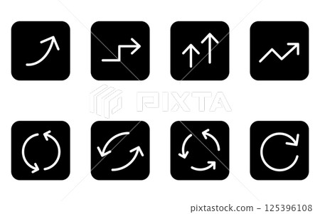 一組可愛的簡單箭頭圖標，黑白、增長和重複（方形按鈕類型） 125396108