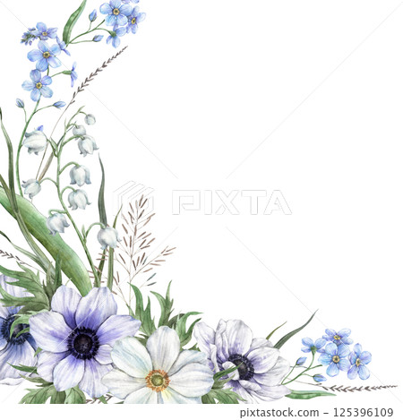 Floral frame of forget-me-nots, lilies of the valley, anemones, different wild grasses and flowers. Watercolor illustration with space for text, for eco-branding, wedding design, botanical projects. Floral frame of forget-me-nots, lilies of the valley, anemones, different wild grasses and flowers. Watercolor illustration with space for text, for eco-branding, wedding design, botanical projects. 125396109