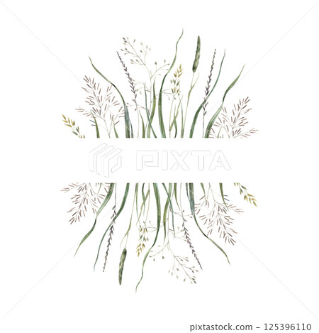 Frame of various wild herbs and dried wild flowers. Watercolor illustration painted in natural tones. Suitable for eco-branding, packaging, greeting cards, wedding design and botanical prints. 125396110