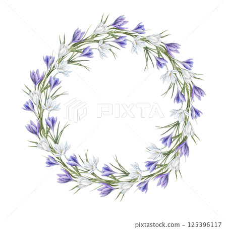 White and purple crocuses with green leaves in realistic style. Botanical watercolor round wreath for spring designs, wedding invitations, greeting cards, branding, packaging, textile patterns. White and purple crocuses with green leaves in realistic style. Botanical watercolor round wreath for spring designs, wedding invitations, greeting cards, branding, packaging, textile patterns. 125396117