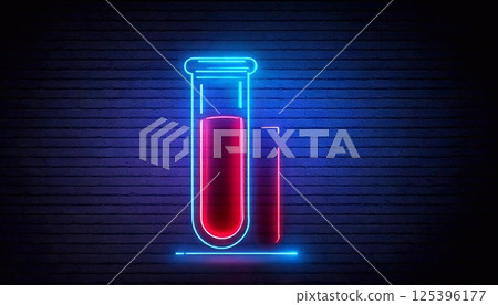 Illuminated test tube with blood design against a dark background 125396177