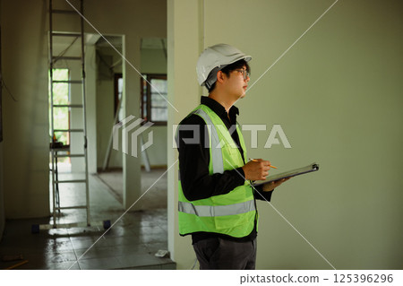 Engineer assessing construction progress in a renovation site Engineer assessing construction progress in a renovation site 125396296