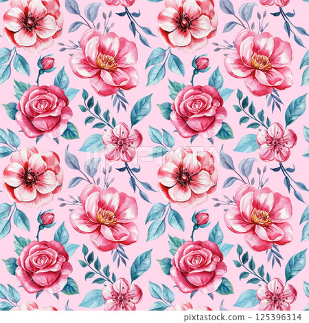 Watercolor seamless pattern with vibrant pink flowers and green leaves for design. Floral background for elegant design 125396314