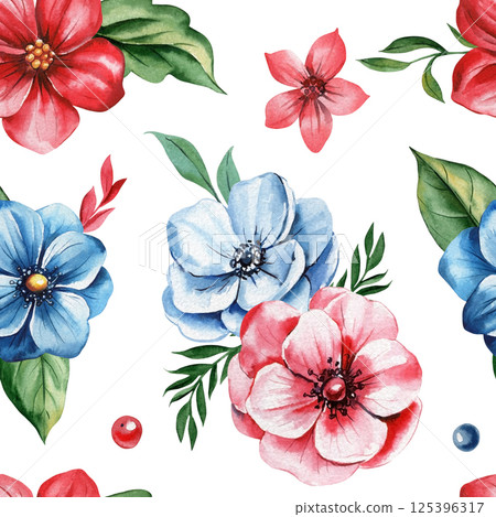 Watercolor seamless floral pattern with red, blue, and pink blooming flowers and green leaves on white background design 125396317
