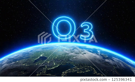 Ozone layer of Earth illuminated with neon blue inscription highlighting its importance 125396341