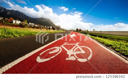Bike path marking along scenic route with mountains and clear sky on a sunny day Bike path marking along scenic route with mountains and clear sky on a sunny day 125396342