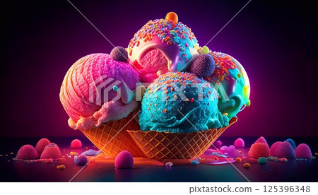 Colorful firefly ice cream balls in neon hues create a festive dessert display 125396348