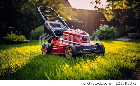 Lawn mower rests on freshly cut grass in evening sunlight at suburban home 125396352